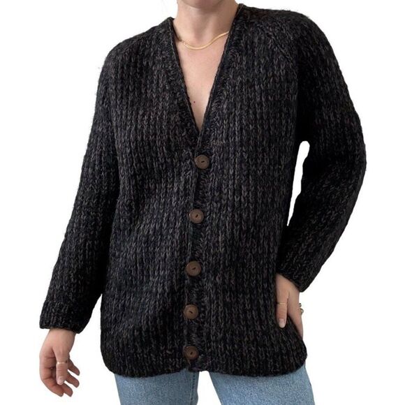 Vintage Womens Hand Knit Black Brown Marled 100% Wool Ribbed Chunky Cardigan - Picture 2 of 7